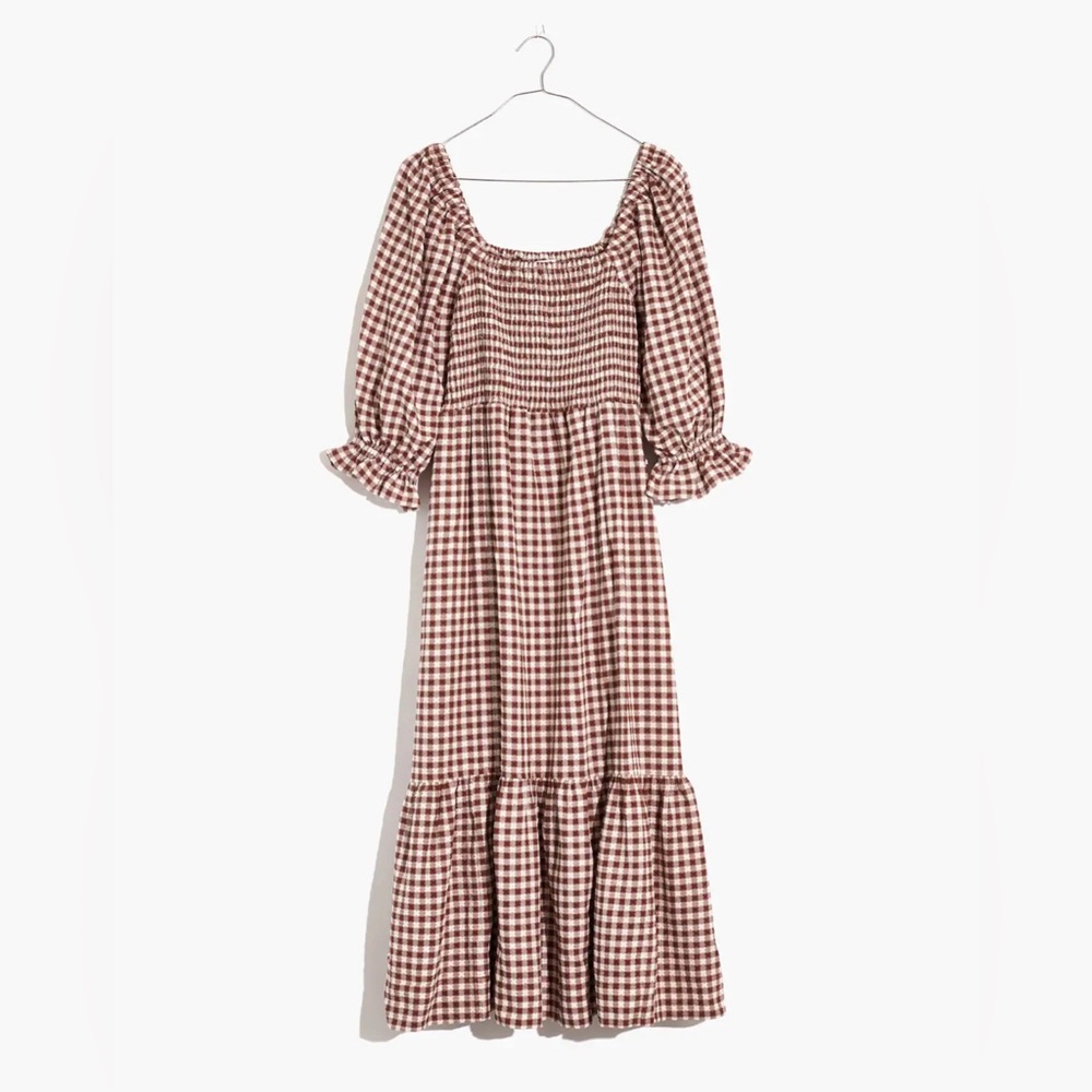 Madewell Lucie Elbow-Sleeve Smocked Midi Dress in Gingham